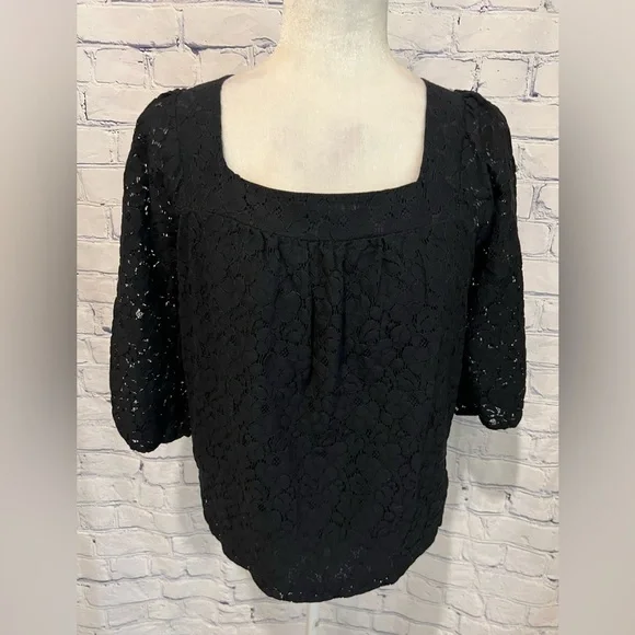 New York & Company Top Size Small Black Lace Overlay Cropped Cotton Square Neck - Picture 1 of 6